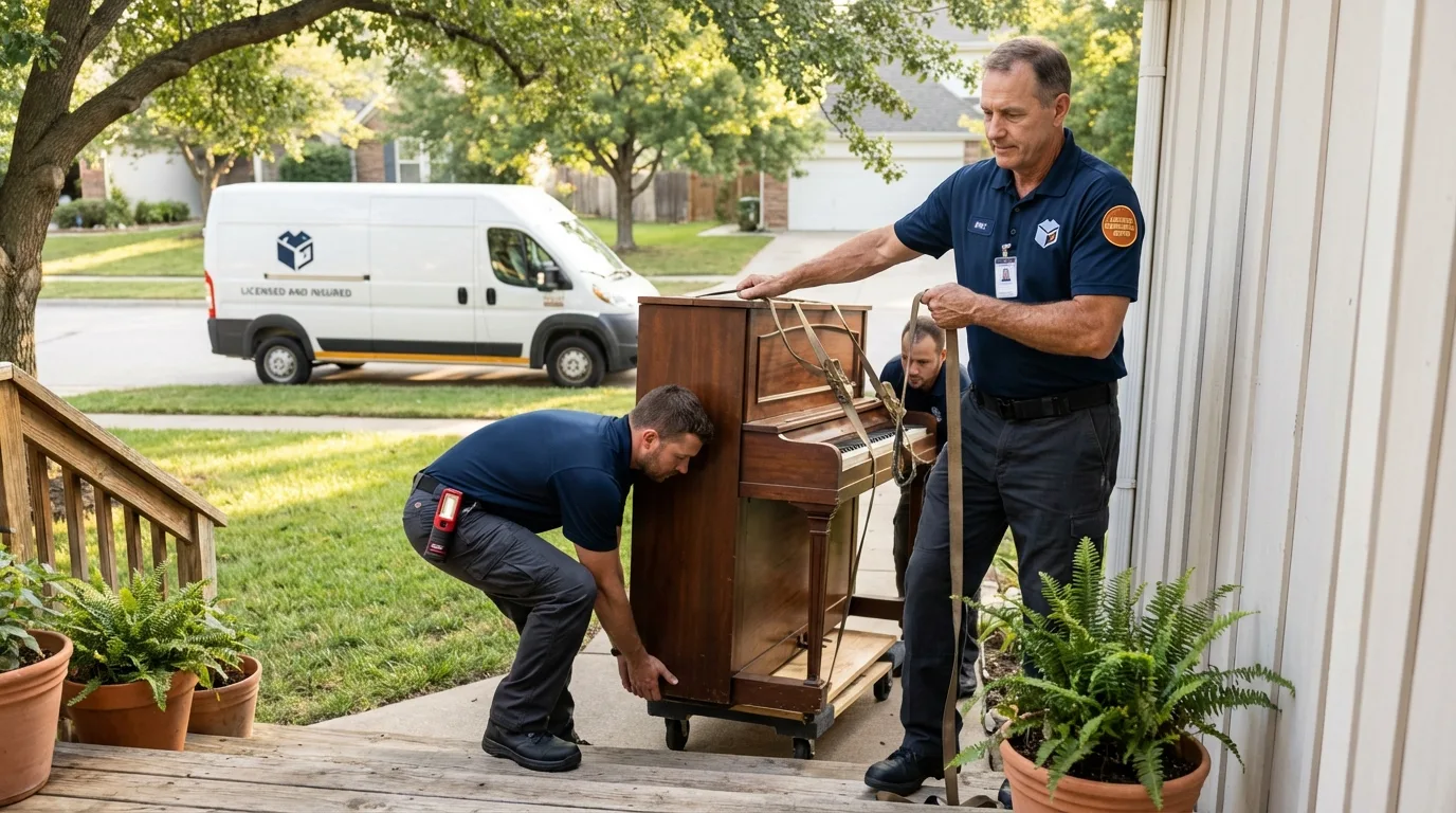 Licensed piano movers securing grand piano in Talladega, AL