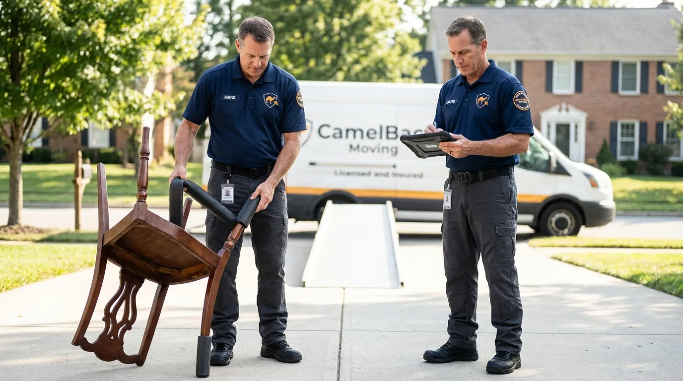 Movers inspecting furniture for damage prevention before loading in Talladega, AL