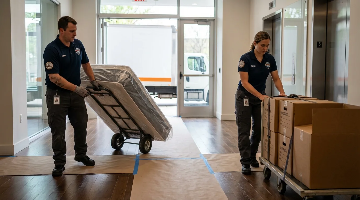 Professional apartment movers loading elevator in Talladega, AL